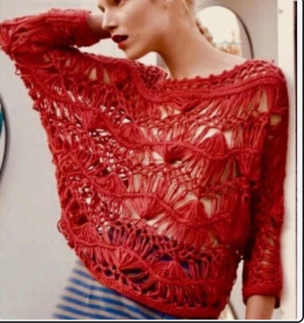 anthropologie little yellow bird trifele pullover open knit sweater red size S